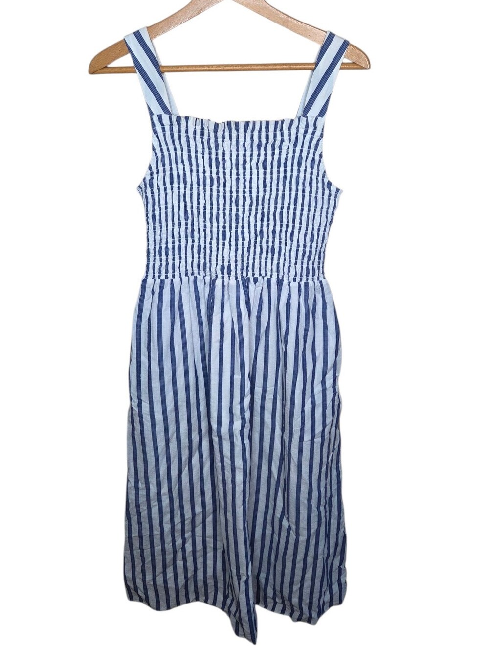 Everlane Gauze Smocked Blue & White Striped Tank Midi Sun Dress Size Small